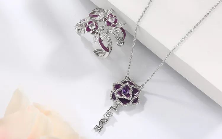 Purple Rose Necklace and Hoop Earrings