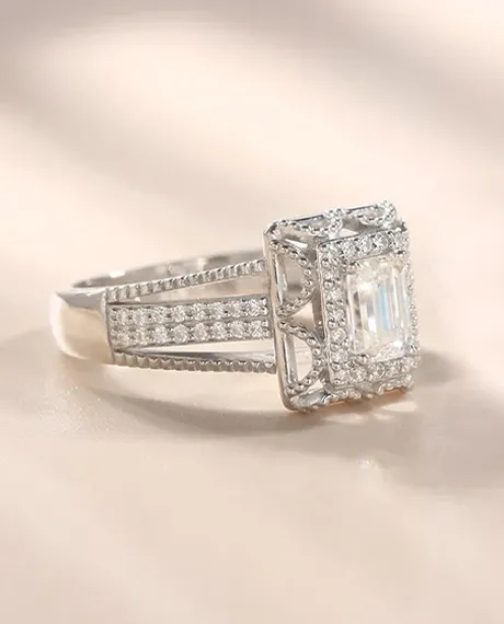 Emerald Moissanite Halo Engagement Ring