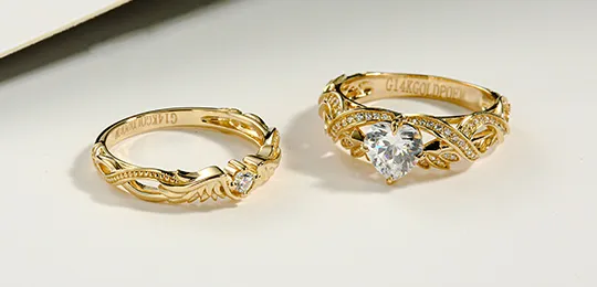 VANCARO 14K Gold Wing Wedding Ring and Heart Stone Engagement Ring