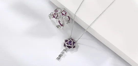 Purple Rose Earrings and Necklace