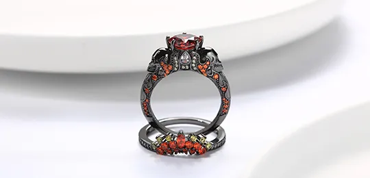 Skull Wedding Ring Set Heart Garnet Red