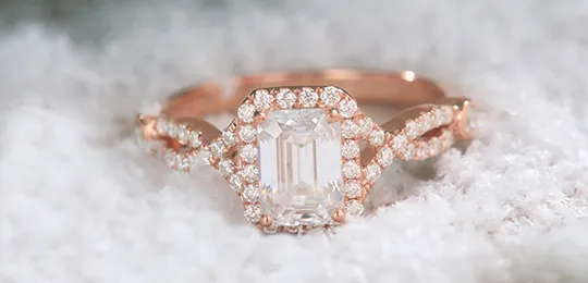 14K Rose Gold Emerald Halo Engagement Ring