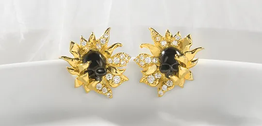 Sunflower Skull Black and Gold Plated Earrings