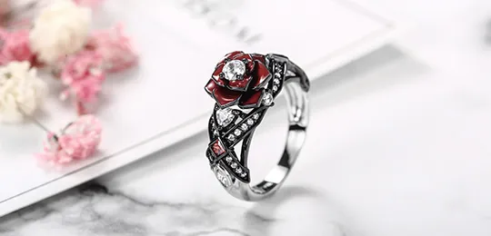 Red Rose Black Flower Ring