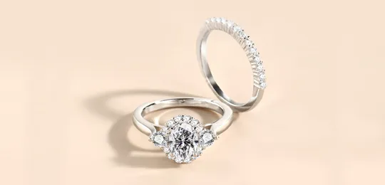 White Gold Halo Engagement Ring and White Gold Wedding Ring