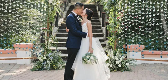 Kissing Couple in Wedding with Origami Cranes