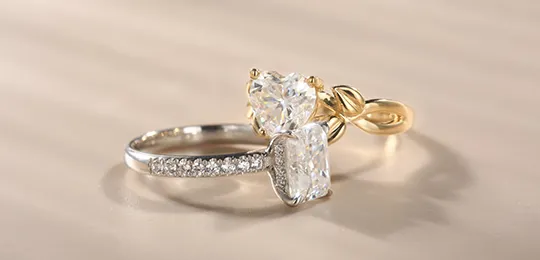 Heart Leaf Gold Engagement Ring and Radiant Cut White Gold Ring