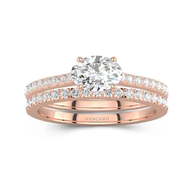 Or rose 14 carats Est Ouest Tige Droite Ensemble nuptial