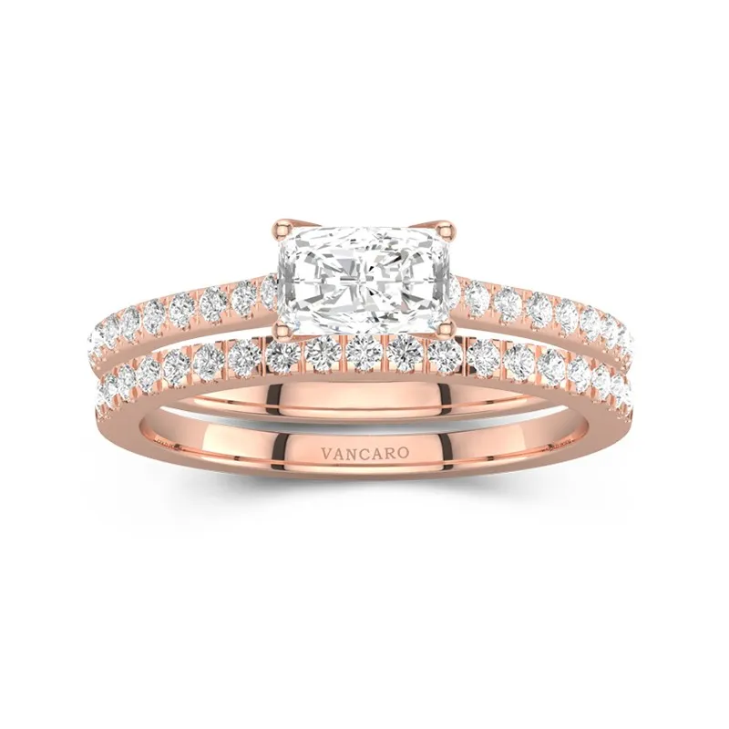 Or rose 18 carats Est Ouest Tige Droite Ensemble nuptial