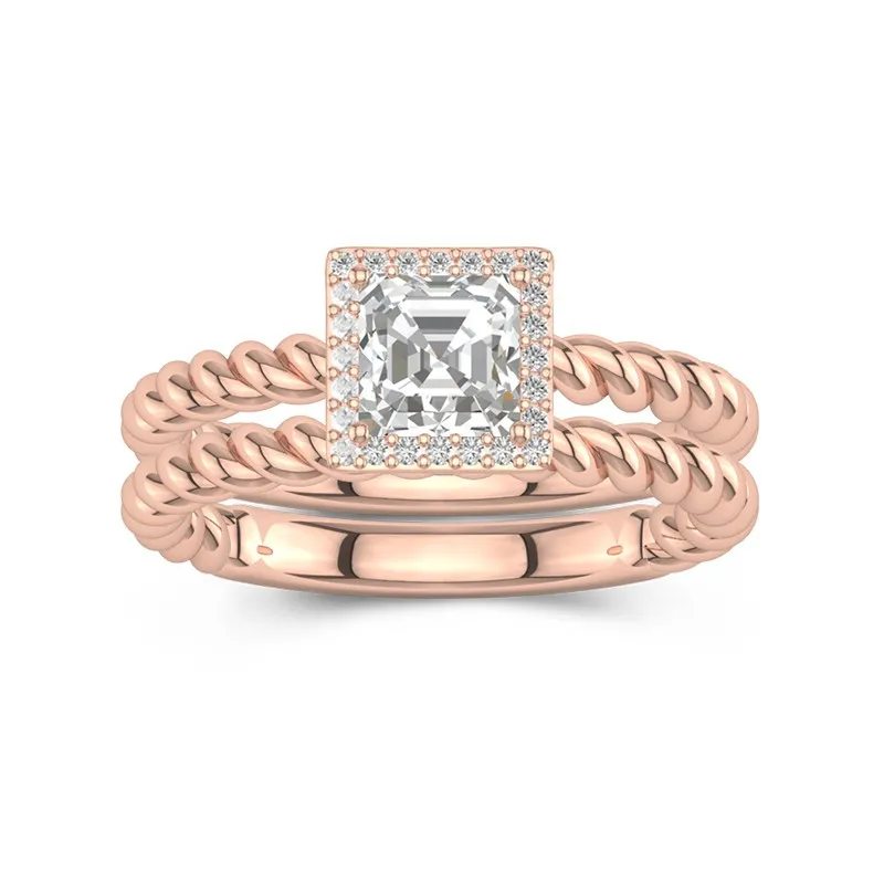 14K Rose Gold Halo Twist Wedding Ring Set