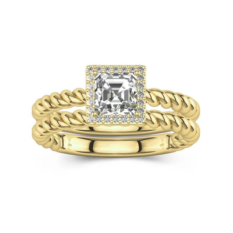 14K Gold Halo Twist Wedding Ring Set