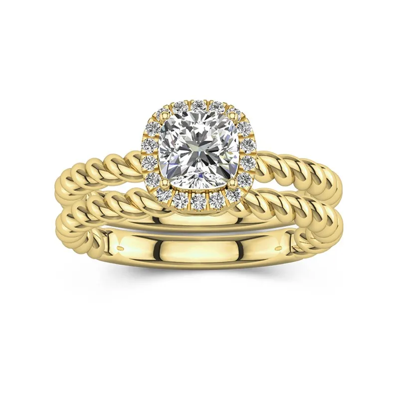 14K Gold Halo Twist Wedding Ring Set