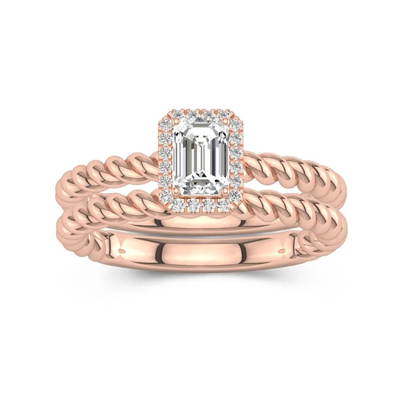 14K Rose Gold Halo Twist Wedding Ring Set