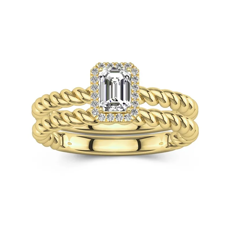 18K Gold Halo Twist Wedding Ring Set