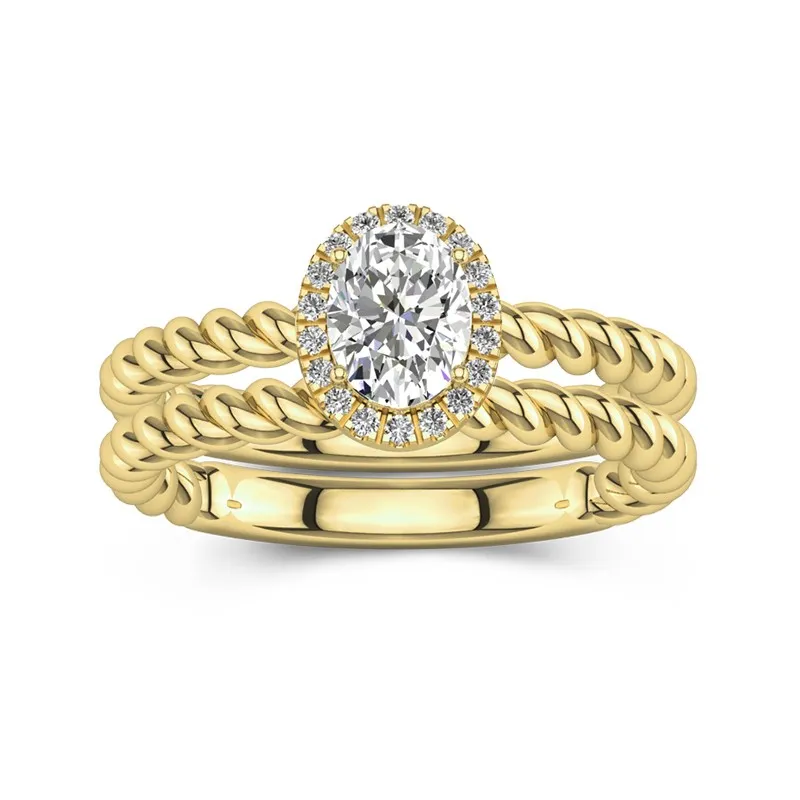 18K Gold Halo Twist Wedding Ring Set