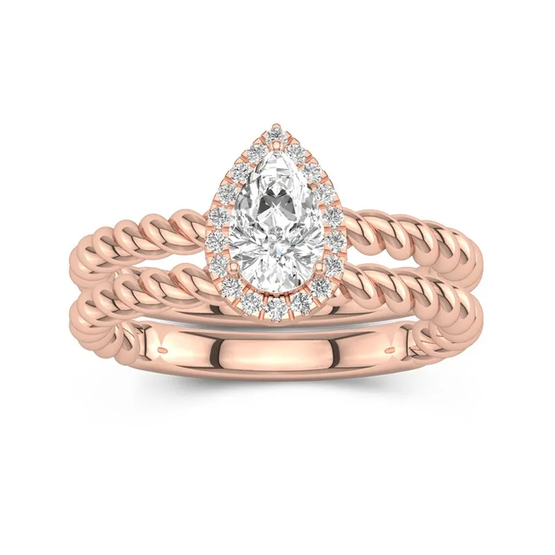 14K Rose Gold Halo Twist Wedding Ring Set