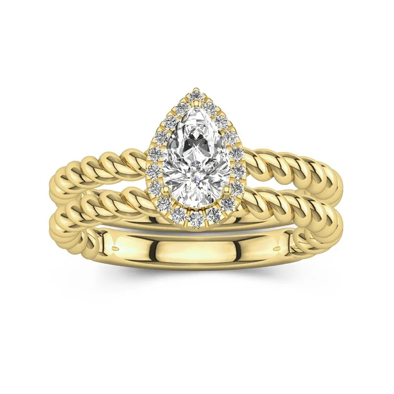 18K Gold Halo Twist Wedding Ring Set