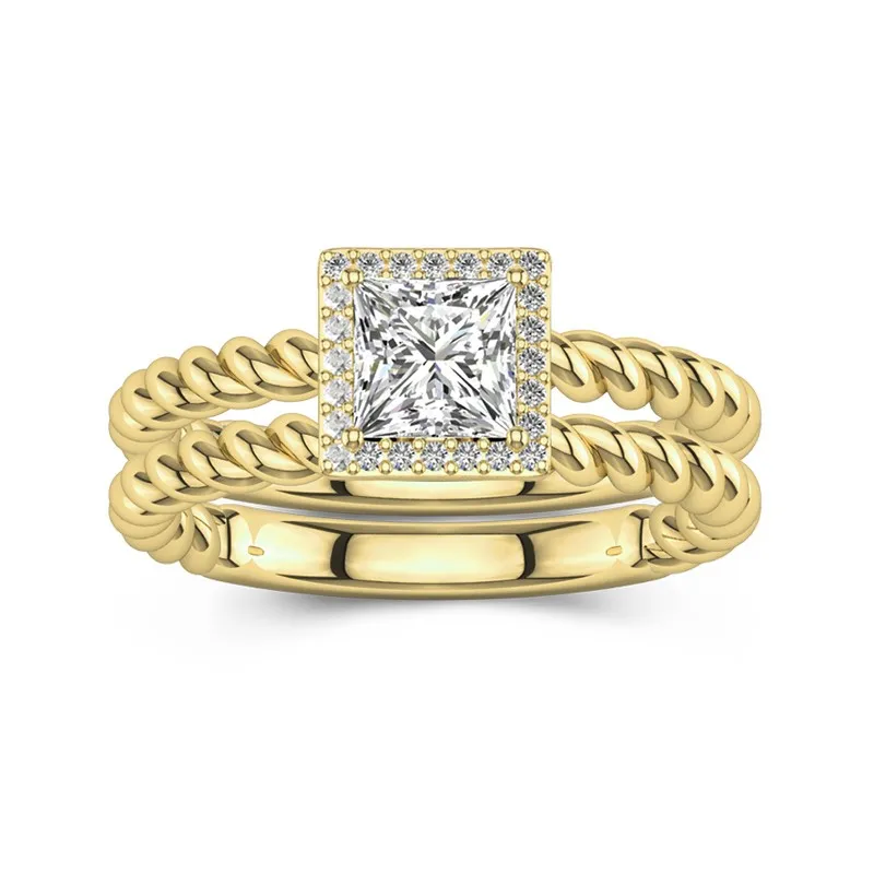 18K Gold Halo Twist Wedding Ring Set