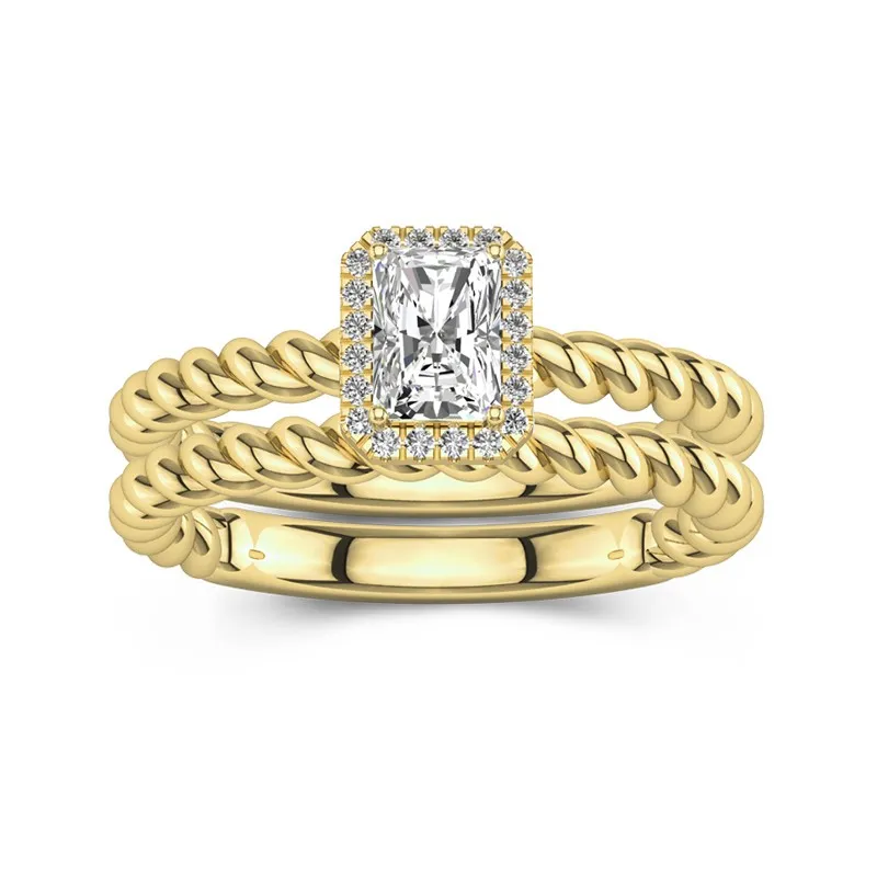 14K Gold Halo Twist Wedding Ring Set