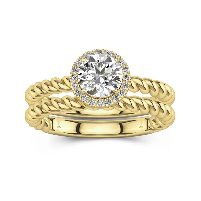 18K Gold Halo Twist Wedding Ring Set