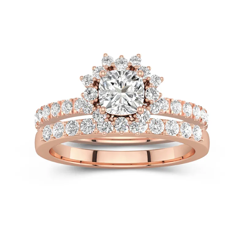 Or rose 14 carats Halo Grappe Tige Droite Ensemble d'alliances