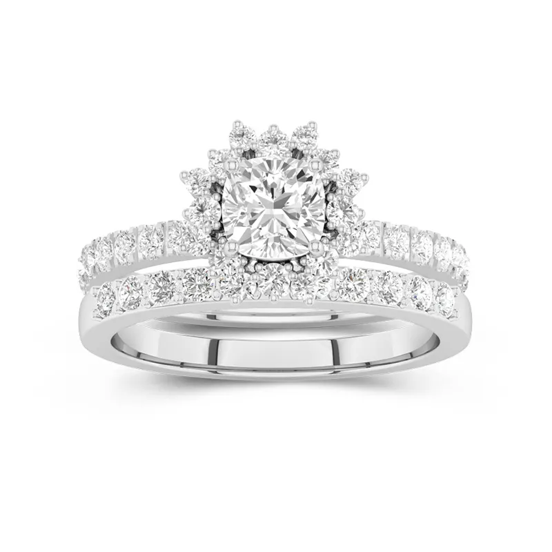 Or blanc 18 carats Halo Grappe Tige Droite Ensemble d'alliances