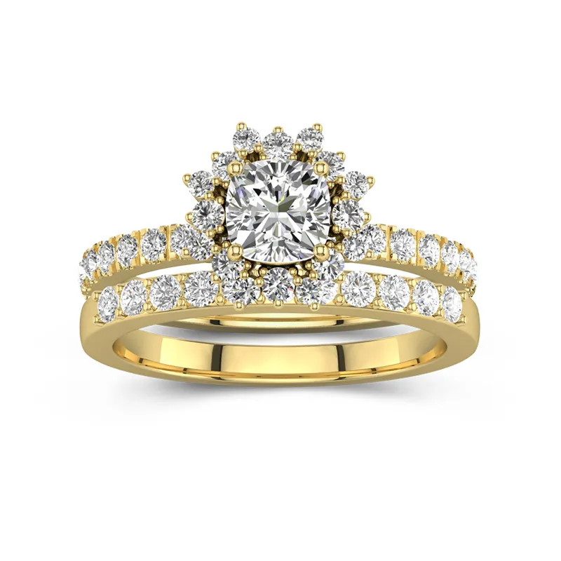 18K Gold Halo Cluster Straight Shank Wedding Ring Set