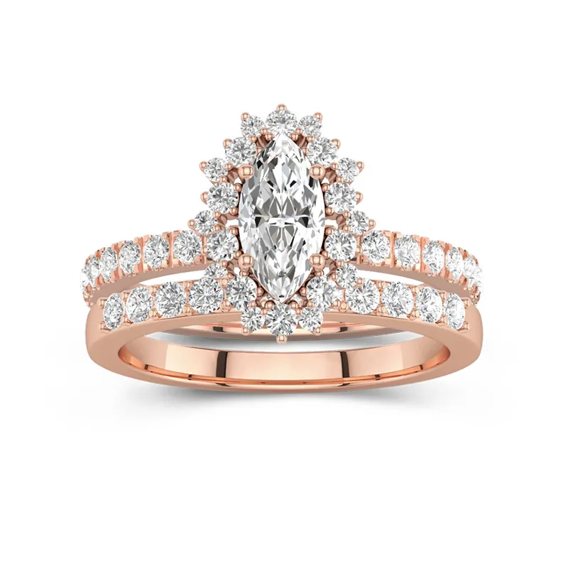 14K Rose Gold Halo Cluster Straight Shank Wedding Ring Set