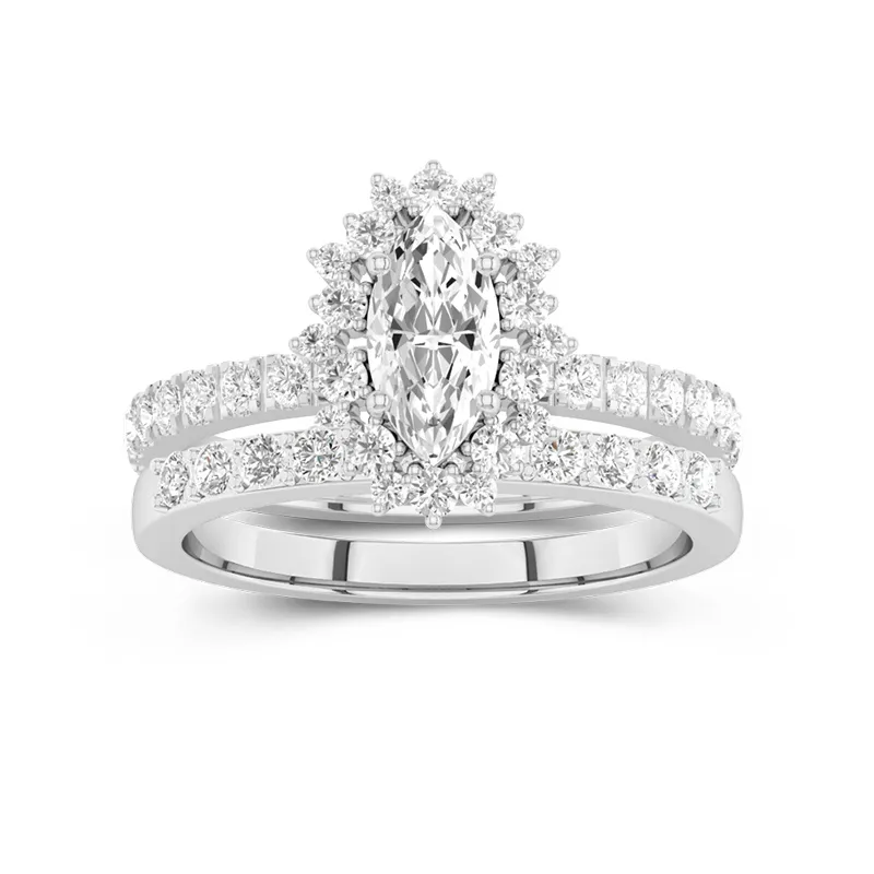 Or blanc 18 carats Halo Grappe Tige Droite Ensemble d'alliances