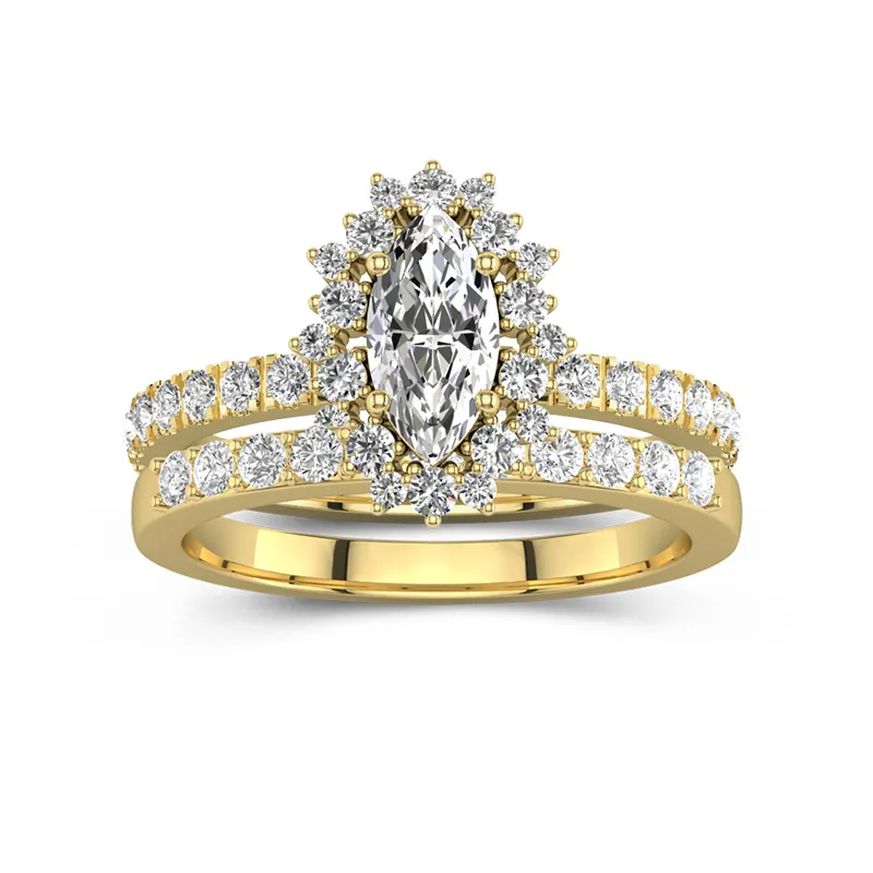 Or 18 carats Halo Grappe Tige Droite Ensemble d'alliances