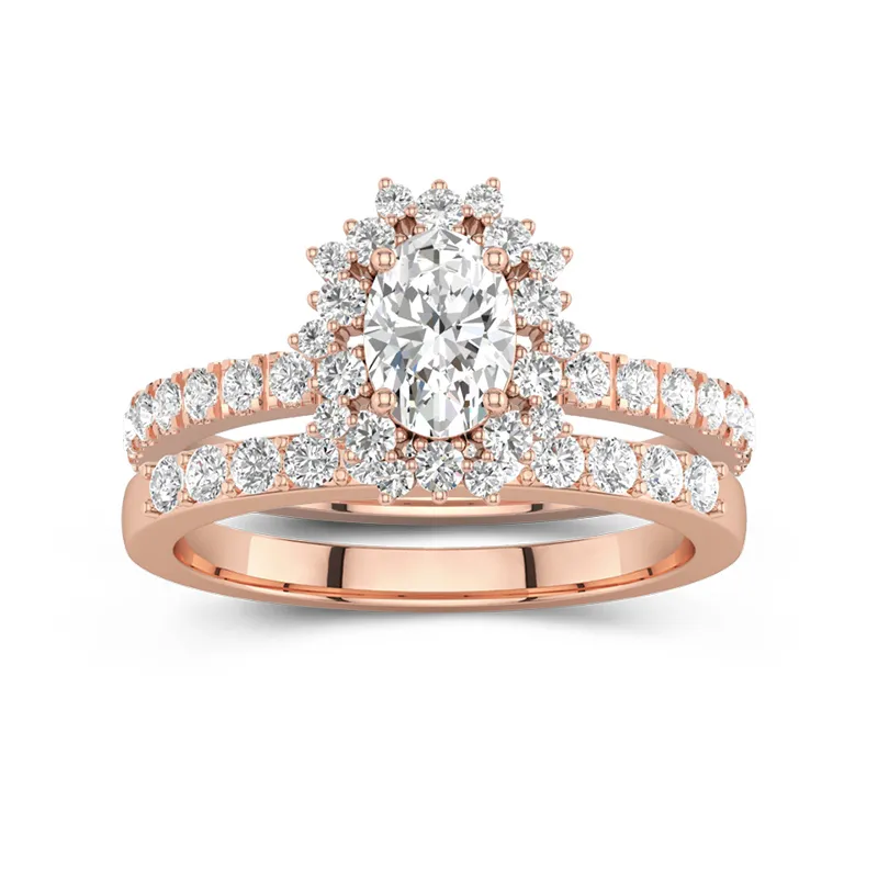 14K Rose Gold Halo Cluster Straight Shank Wedding Ring Set