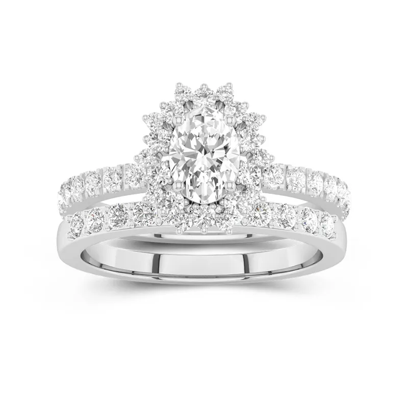 Or blanc 18 carats Halo Grappe Tige Droite Ensemble d'alliances