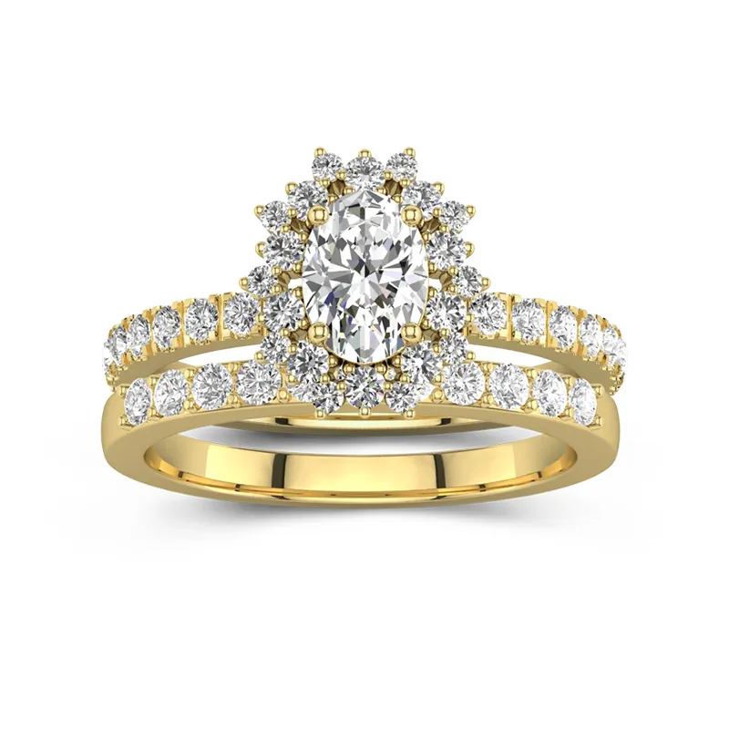 18K Gold Halo Cluster Straight Shank Wedding Ring Set