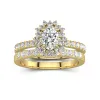 18K Gold Halo Cluster Straight Shank Wedding Ring Set