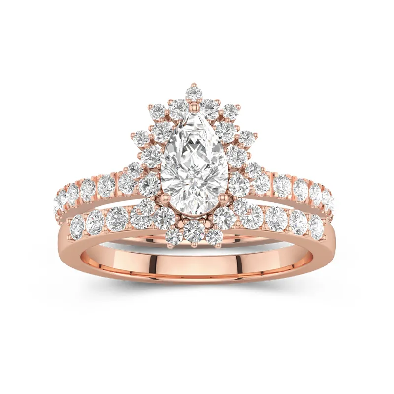 Or rose 14 carats Halo Grappe Tige Droite Ensemble d'alliances