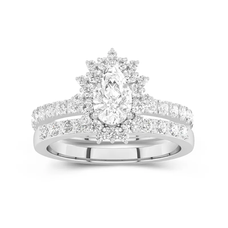 Or blanc 14 carats Halo Grappe Tige Droite Ensemble d'alliances