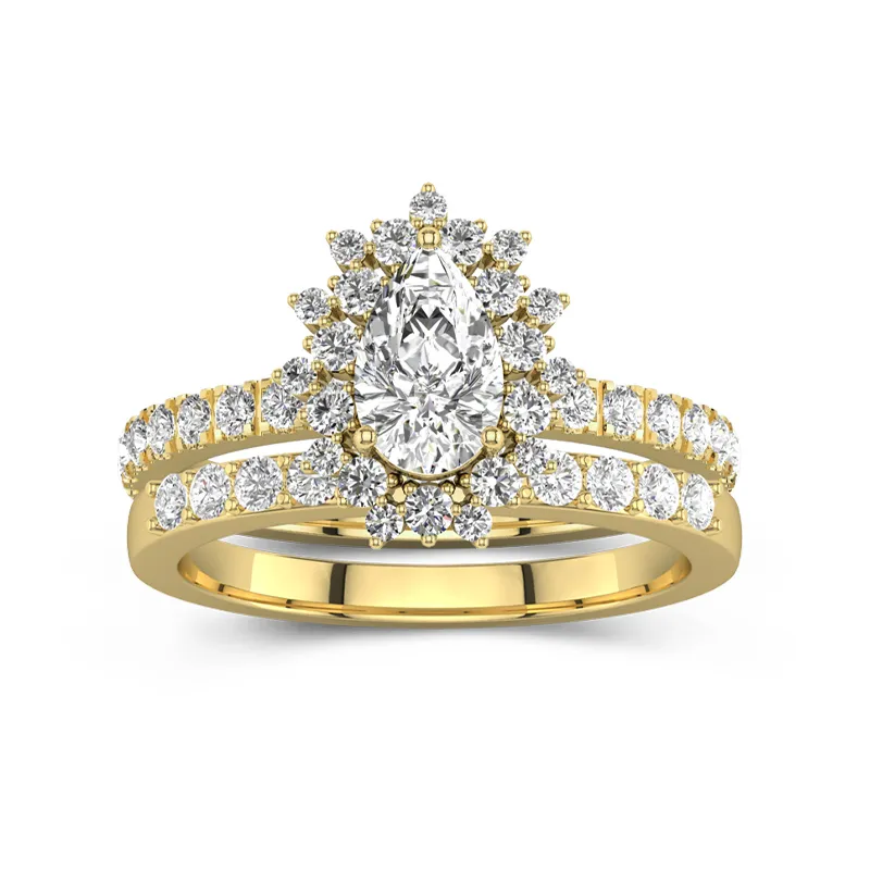 Or 18 carats Halo Grappe Tige Droite Ensemble d'alliances