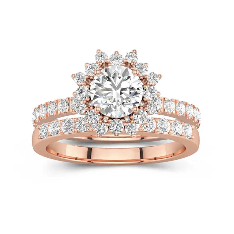 Or rose 14 carats Halo Grappe Tige Droite Ensemble d'alliances