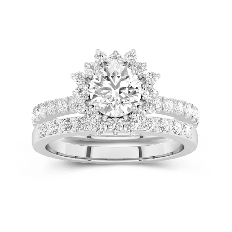 Or blanc 14 carats Halo Grappe Tige Droite Ensemble d'alliances