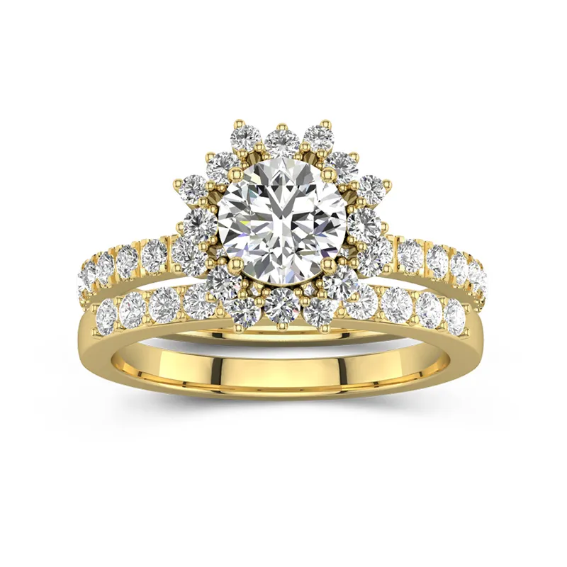 Or 18 carats Halo Grappe Tige Droite Ensemble d'alliances