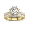 18K Gold Halo Cluster Straight Shank Wedding Ring Set