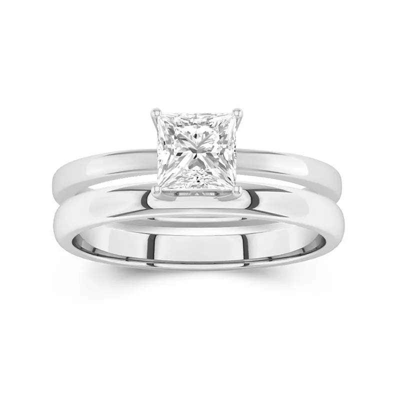 Platinum Hidden Halo Traditional Shank Wedding Ring Set