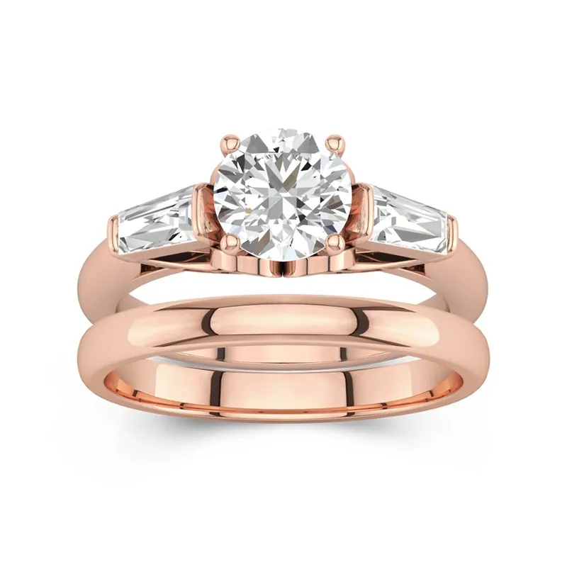 18K Rose Gold Three Stone Cathedral Baguette Traditional Shank Wedding Ring Set