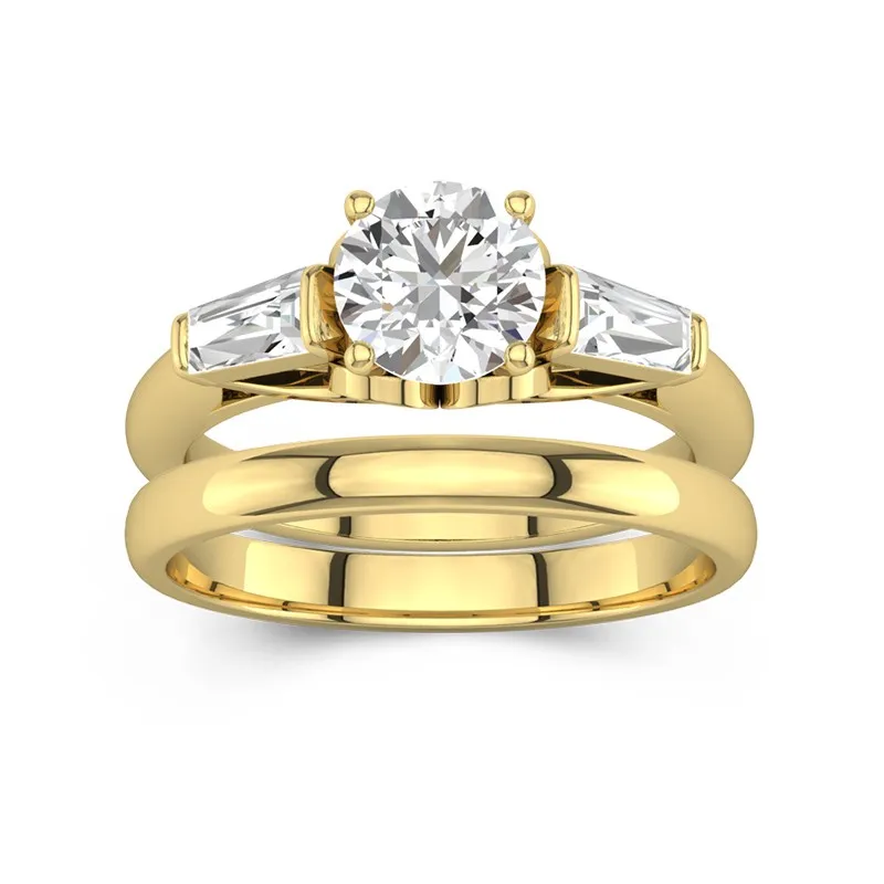 14K Gold Three Stone Cathedral Baguette Traditional Shank Wedding Ring Set