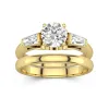 14K Gold Three Stone Cathedral Baguette Traditional Shank Wedding Ring Set