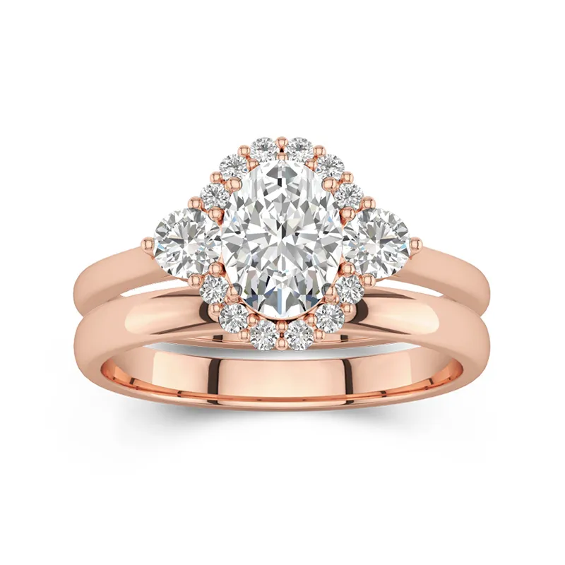 18K Rose Gold Halo Straight Shank Wedding Ring Set