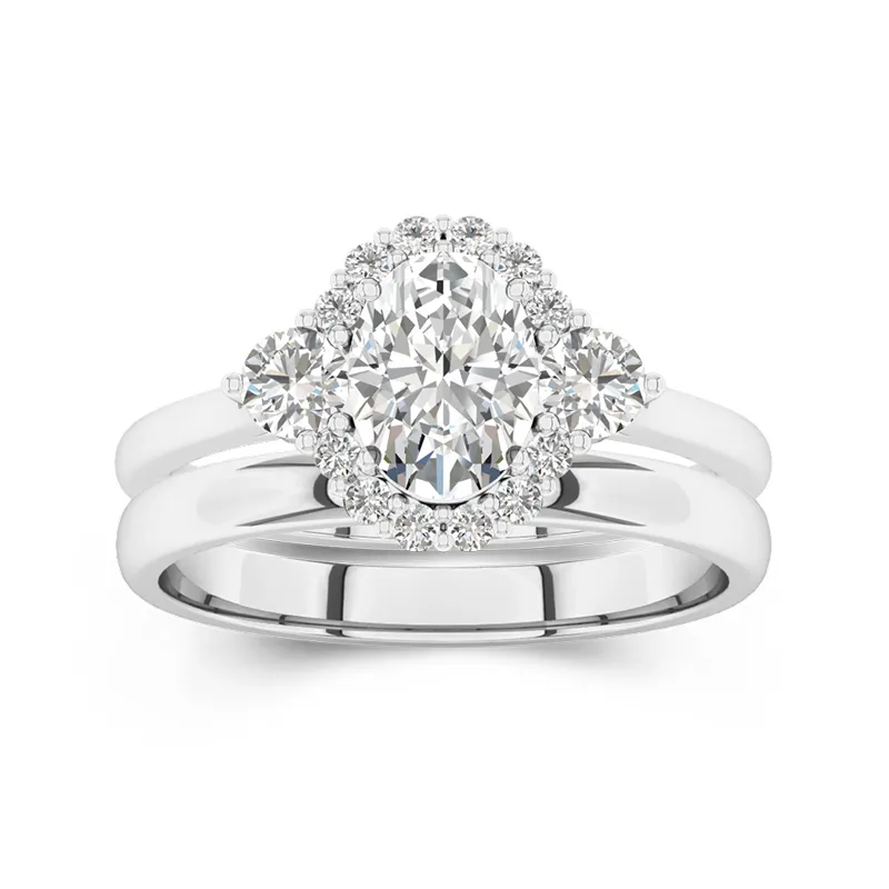 Or blanc 14 carats Halo Tige Droite Ensemble d'alliances