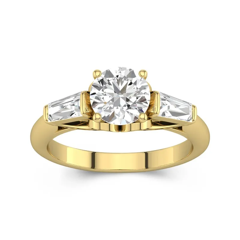 18K Gold Three Stone Cathedral Baguette Traditional Shank Engagement Ring
