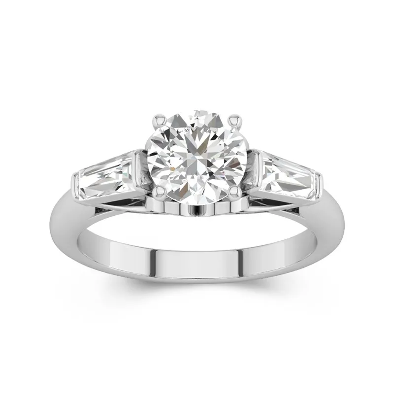 Platinum Three Stone Cathedral Baguette Traditional Shank Engagement Ring