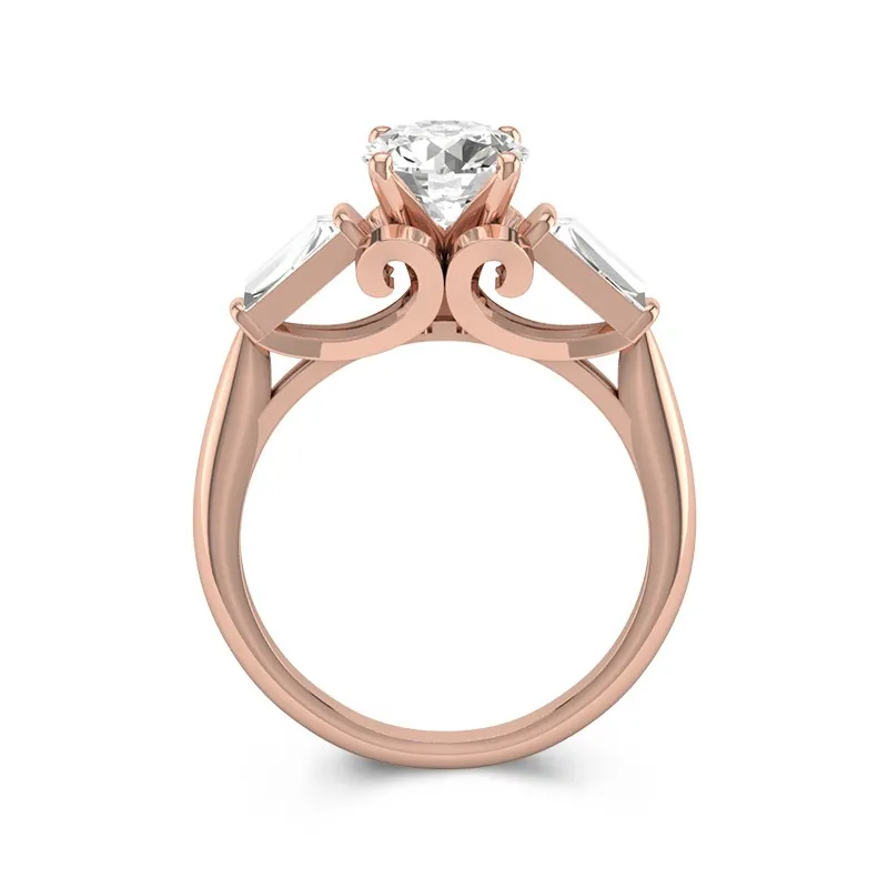 14K Rose Gold Three Stone Cathedral Baguette Traditional Shank Engagement Ring